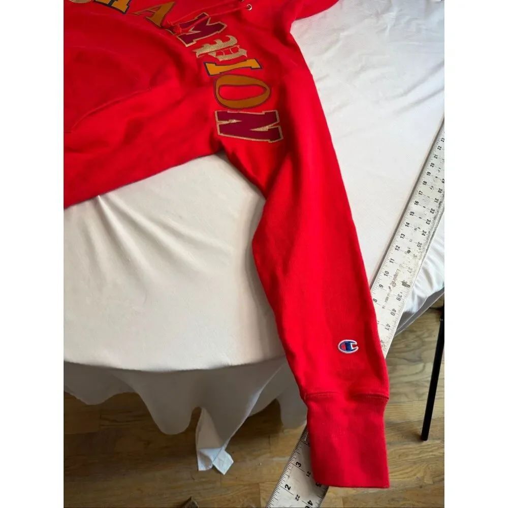Vintage Champion Spellout Hoodie Red Old English Print Y2K Reverse Weave Large - Picture 4 of 10